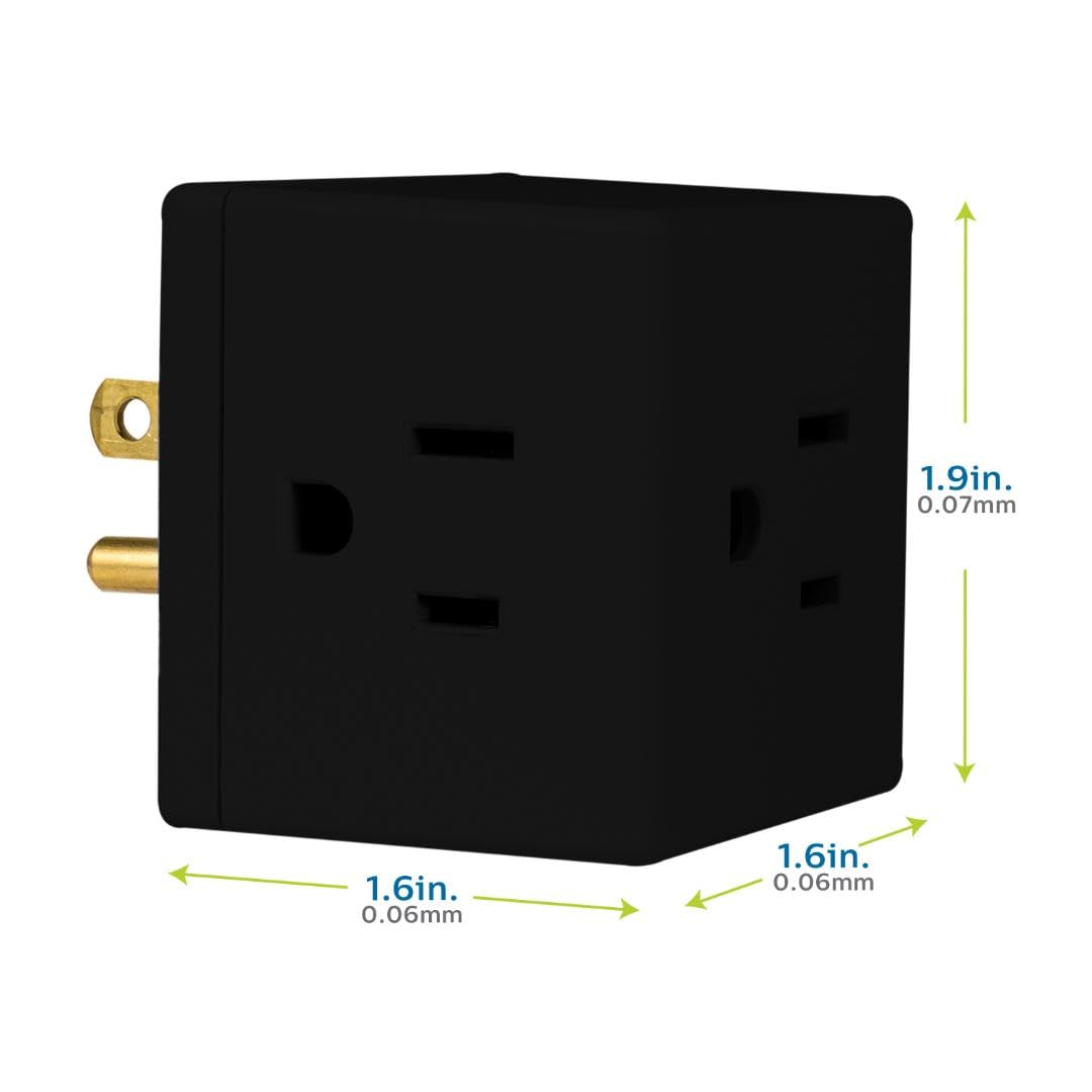 Philips 3 Outlet Extender, Extra Wide Adapter Spaced, Easy Access Design, 3 Prong, Perfect For Travel, Cube, 2 Pack, Black, Sps3