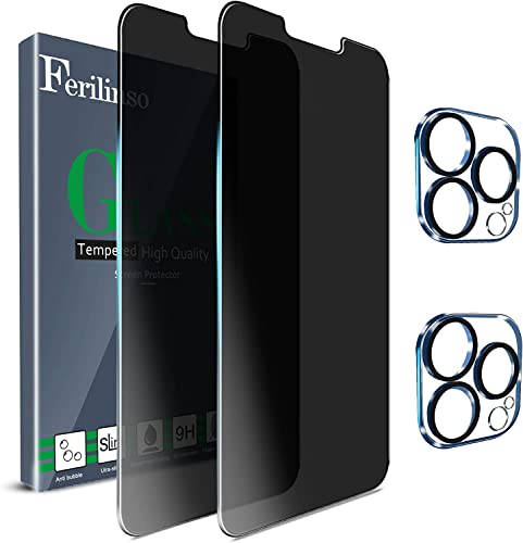 Ferilinso Designed For Iphone 13 Pro Privacy Screen Protector, 2 Pack 9H Anti Spy Tempered Glass With 2 Pack Camera Lens Protect