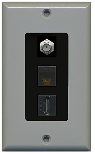 Riteav Decorative 1 Gang Wall Plate (Gray/Black) 3 Port   Coax (Black) Cat6 (Black) Hdmi (Black)