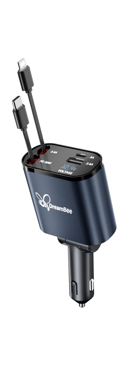 Dreambee Retractable Car Charger,66W 4 In 1 Super Fast Charge Car Phone Charger,Retractable Cables (31.5 Inch) And 2 Usb Ports C