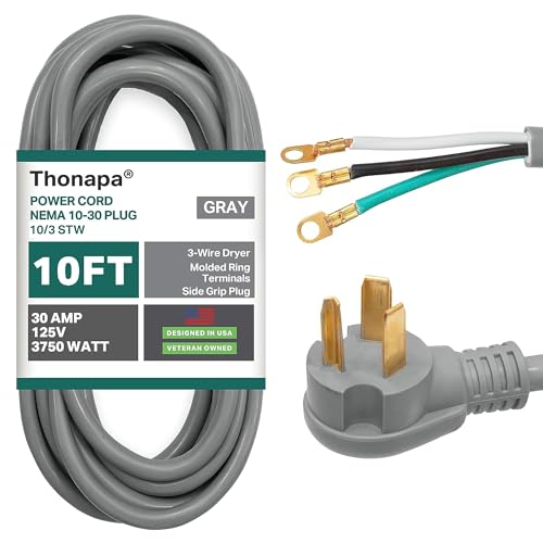 Thonapa 3 Prong Dryer Cord 10 Ft, 30 Amp Appliance Extension Cord 3 Prong 10 Foot, Nema 10-30 Plug, 10/3 Srdt Gray Dryer Power C