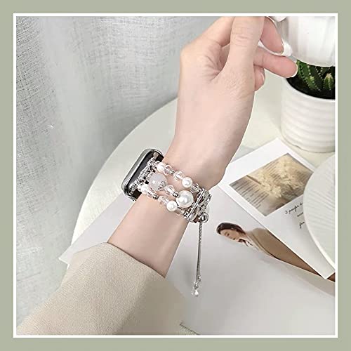Fohuas Compatible For Apple Watch Band Women 38Mm 40Mm 41Mm, Adjustable Crystal Beaded Pearl Bling Iwatch Bracelet Bangle Clear