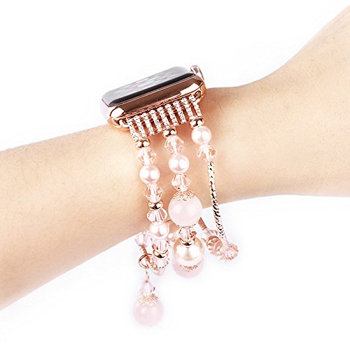 Gemek Compatible With Apple Watch Band 38/40/41Mm Rose Gold Women Pearl Bracelet Strap, Fashion Handmade Elastic Agate Replaceme