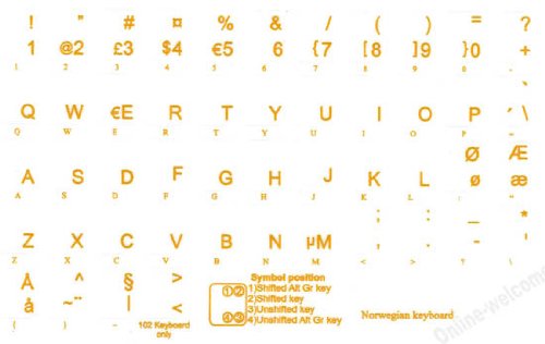 Norwegian Keyboard Stickers With Transparent Background With Yellow Lettering For Computer Laptops Desktop