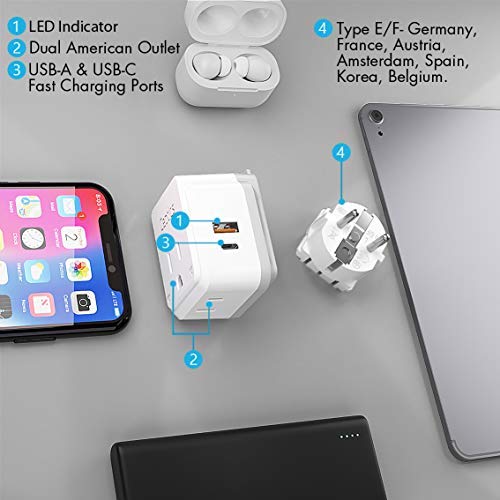 Ceptics Germany, Korea Travel Plug Adapter Set, 20W Pd & Qc, Safe Dual Usb & Usb C   2 Usa Socket   Use In Schuko, France, Russi