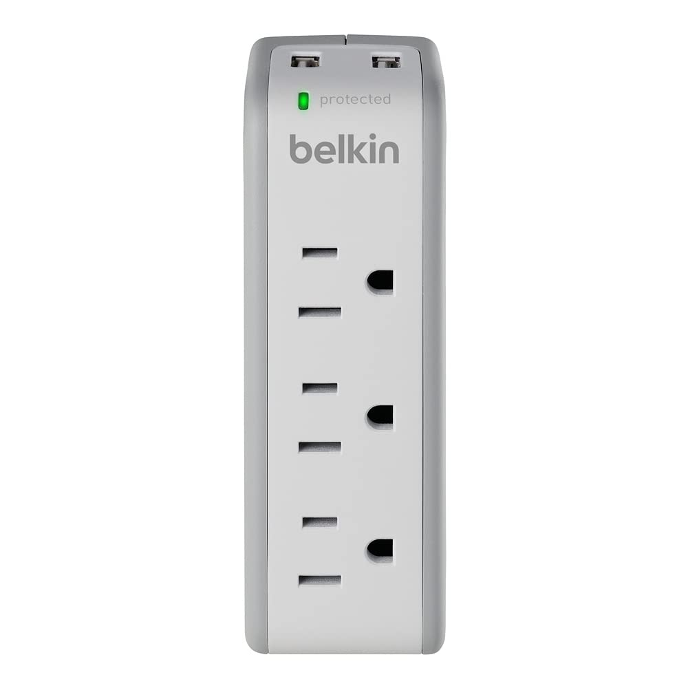 Belkin Wall Mount Surge Protector  3 Ac Multi Outlets&2 Usb Ports  Flat Rotating Plug Splitter   Wall Outlet Extender For Home,O