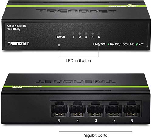 Trendnet 5 Port Unmanaged Gigabit Greennet Desktop Metal Switch, Ethernet Network Switch, 5 X Gigabit Ports, Fanless, 10 Gbps Sw