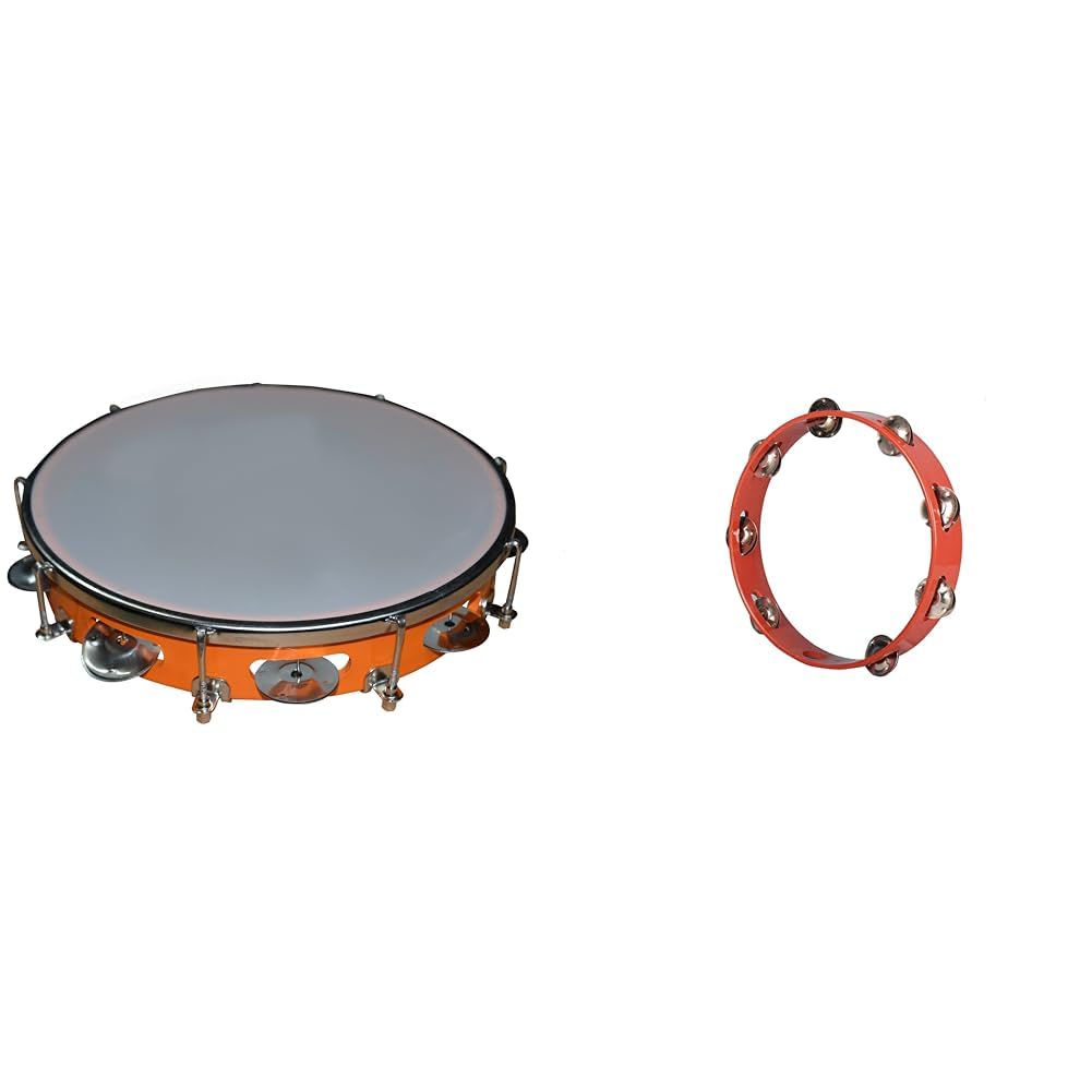 Sai Musical Khanjari Tambourine Hand Percussion Musical Instrument (Orange) & Sai Musical Instruments Tambourine, 10 Inch (Witho