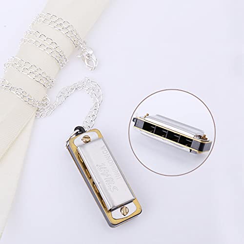 Origlam Harmonica, Mini Harmonica Key Of C, 4 Holes 8 Tones Mouth Organ Metal Chain Harmonica Gift For Adults, Beginners (Silver