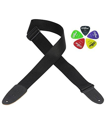 Swastik Super Band Guitar Strap for Acoustic and Electric Guitars, Black Nylon, Adjustable Shoulder Belt with Guitar Picks, Clas