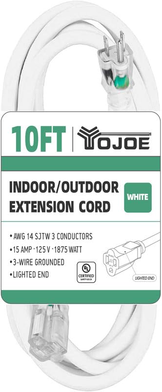 Yojoe Indoor Outdoor Extension Cord With Lighted End, 3 Prong 15A Weatherproof Power Extension Cord, 14 Gauge Heavy Duty 10 Ft W