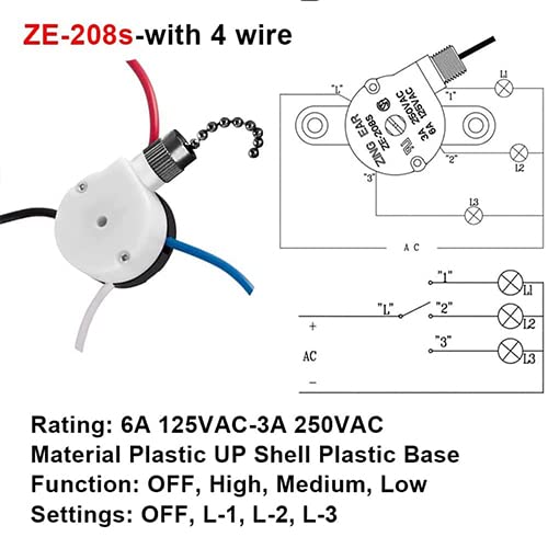 2Ps Ceiling Fan Switch Zing Ear Ze 208S E89885 3 Speed 4 Wire Pull Chain Switch Fan Light Switch Replacement Part With 4 Pre Ins