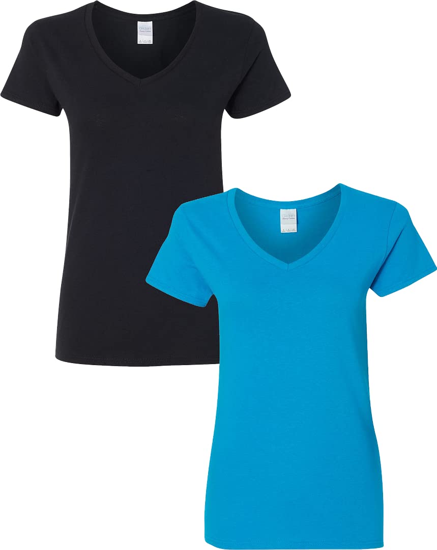 Gildan Womens Heavy Cotton V Neck T Shirt 2 Pack Sml Black Sapphire