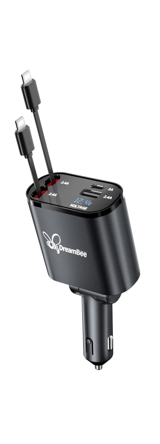 Dreambee Retractable Car Charger,Super Fast Usb Car Iphone Charger,Dual Iphone Retractable Cables (31.5 Inch) And 2 Usb Ports Ca