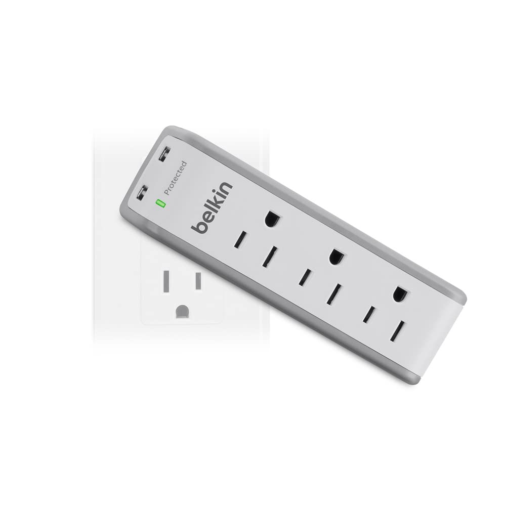 Belkin Wall Mount Surge Protector  3 Ac Multi Outlets&2 Usb Ports  Flat Rotating Plug Splitter   Wall Outlet Extender For Home,O