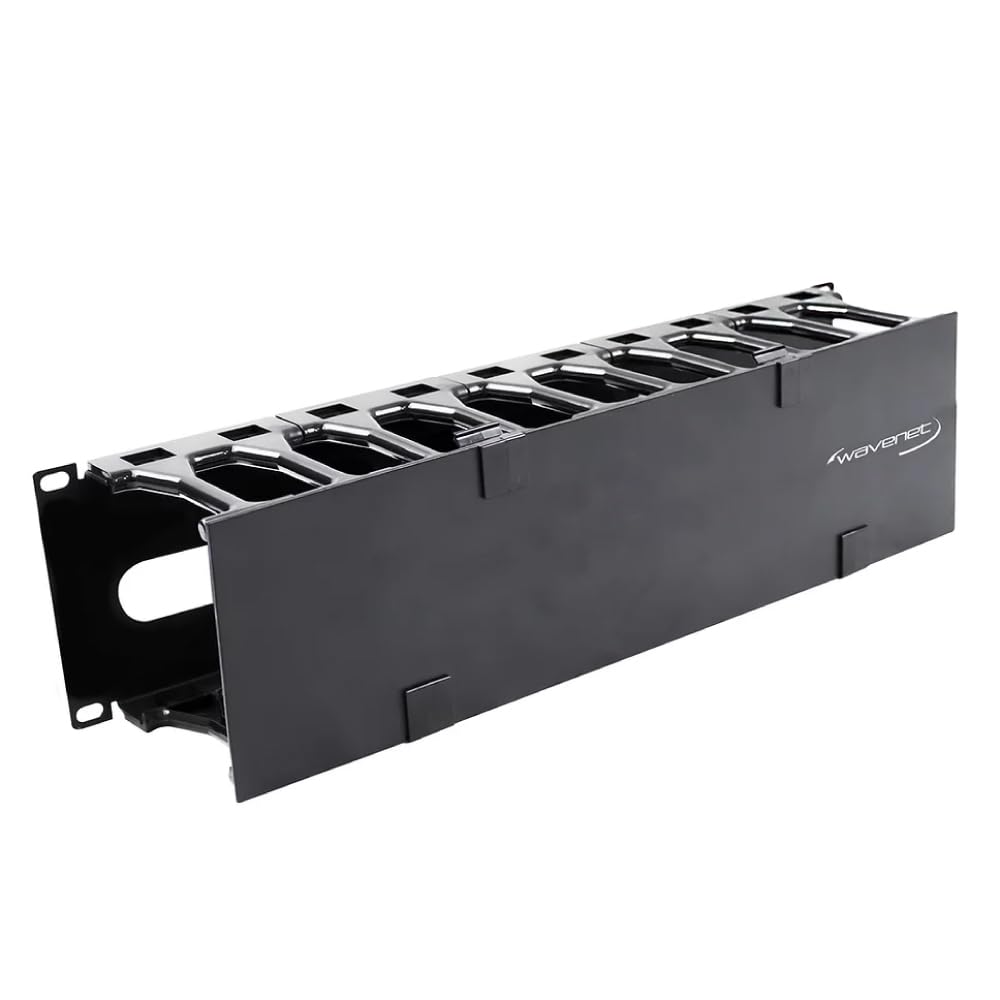 Wavenet – 3U 19' Single‐Sided Horizontal Cable Manager - Plastic Finger Duct with Cover for 2‐Post and 4‐Post Server Racks, Metal – Black