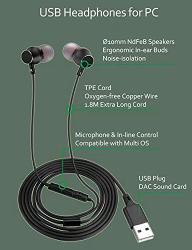 Dungzduz Usb Earbuds Headphones For Computer, Noise Isolation In Ear Earphones With Microphones, Usb Dac & 1.8M Cord, Universall