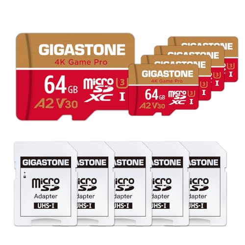 Gigastone 64GB Memory Card Pack of 5 4K Game Pro Compatible with GoPro Switch Speed 95MB/s A2 U3 V30 Micro SDXC Card with SD Adapter