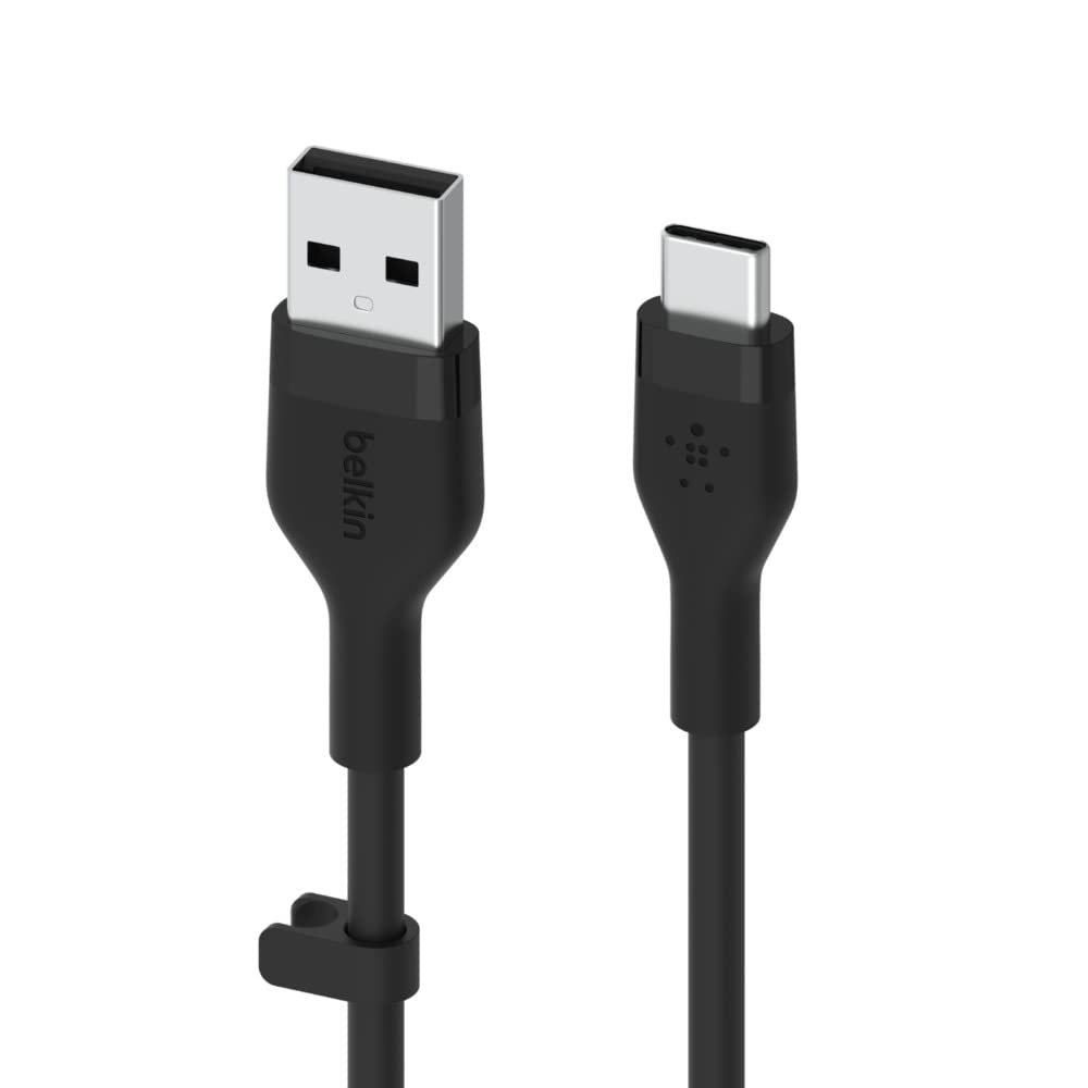 Belkin BoostCharge Flex Silicone USB A to USB C Cable (2M/6.6FT) for Samsung Galaxy Series, Google Pixel, & More with Cable Clip   Black