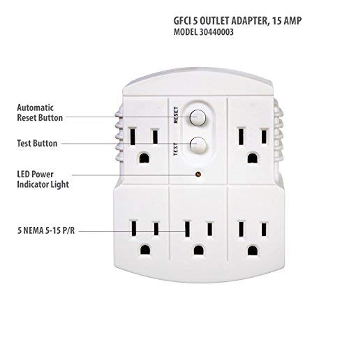 Tower Manufacturing 30440003 Auto Reset 15 Amp Grounded 3 Prong Gfci 5 Outlet Adapter, White [2 Pack]