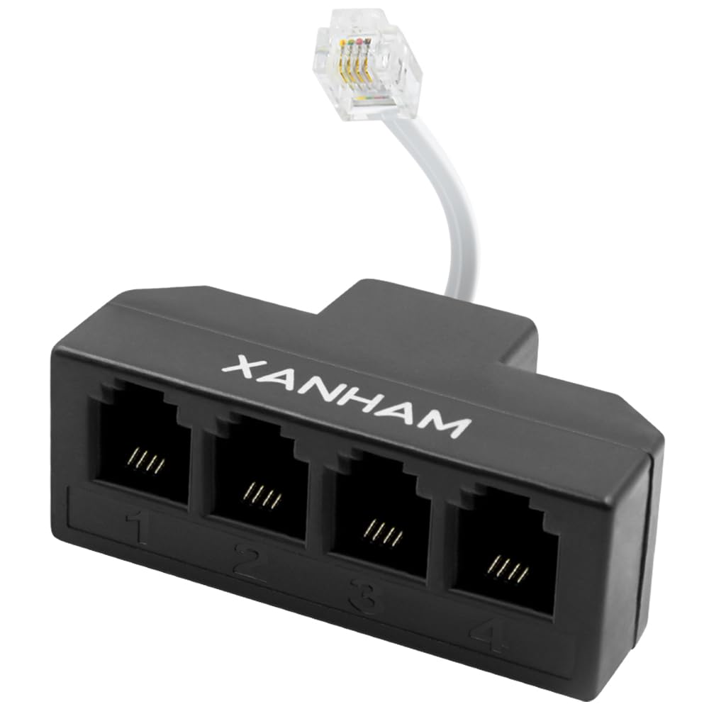 Xanham Rj11 Cable 4 Way Splitter 6P4C Connector Phone Line Cord Adapter With 3 Inch Cable For Landline Telephone Wire, Black, Av