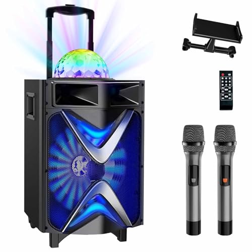 VeGue Karaoke Machine for Adults & Kids, Bluetooth Speaker PA System with 2 Wireless Microphones, 10 Subwoofer, Disco Ball LED