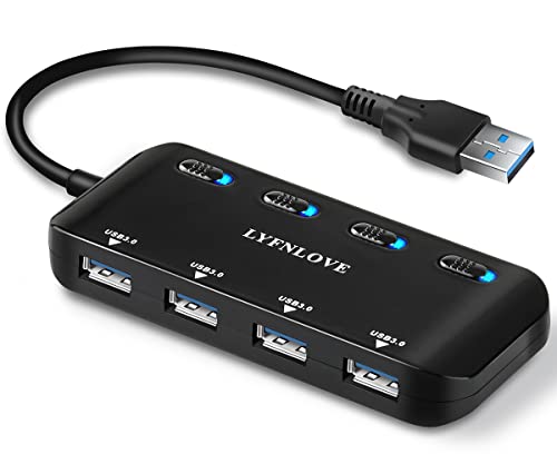 Multi Usb Port Expander, Lyfnlove Ultra Slim Usb Hub 3.0, 4 Ports Usb Splitter High Speed Usb Data Hub With Individual On/Off Power Switches For Laptop, Computer, Pc, Thumb Driver And More