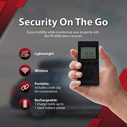 Wireless Driveway Alarm Portable Receiver Pr 4000   Compatible With Dakota Alert 4000 Transmitters | Battery Powered Monitor Comes With Usb Charger & Belt Clip, Driveway Alarms Wireless
