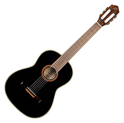 Ortega Guitars 6 Family Series Full Size Slim Neck Nylon String Classical Guitar W/Bag, Right, Spruce Top-Black-Gloss, (R221Bk)
