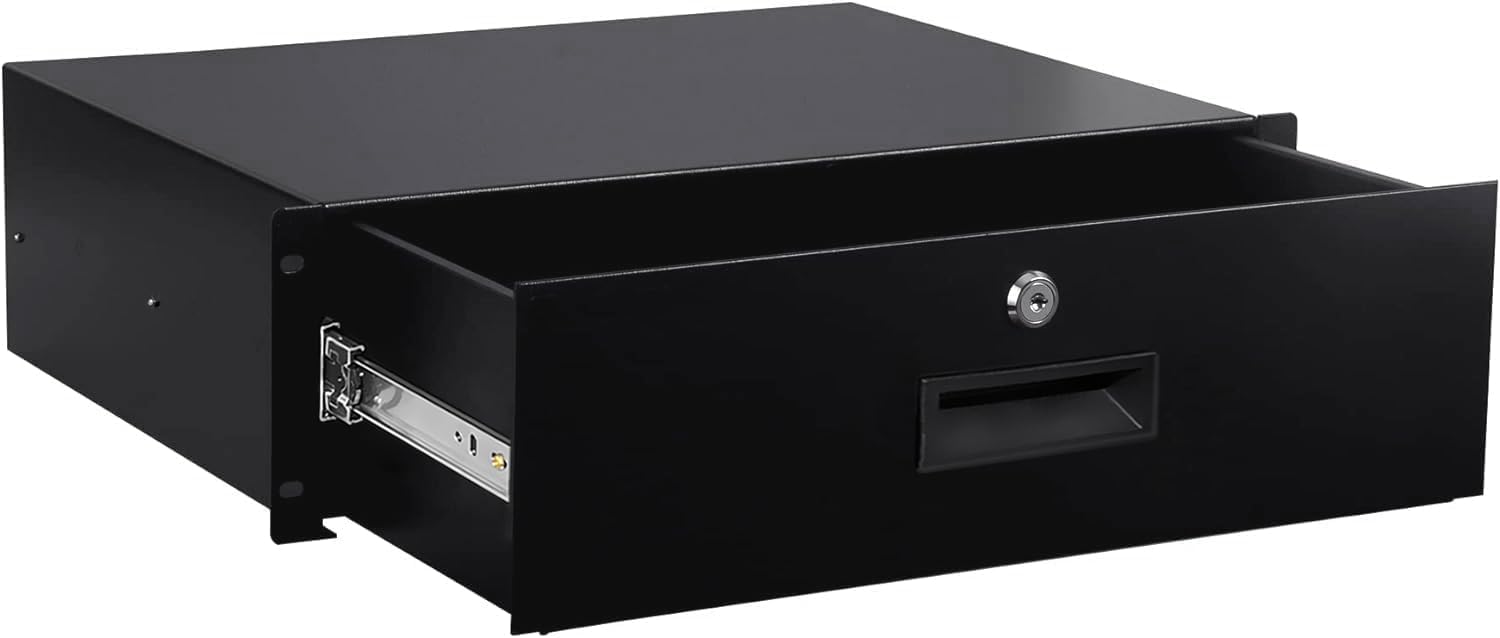 3U Rack Mount Drawer Server Cabinet Case for 19 Inch AV/Network/DJ Equipment Lockable Deep Drawer with Key Black