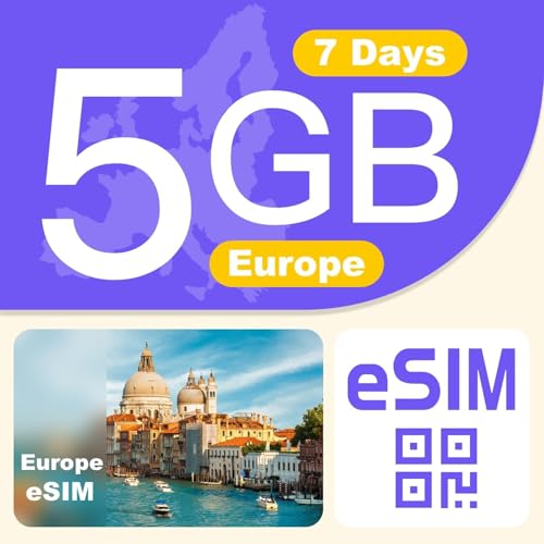 Europe Esim Card 5Gb 7Days - 4G Lte High-Speed Network, Prepaid Esim For 31 Countries, Hotspot Support, High Coverage Multi-Carr