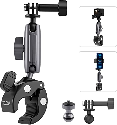 Telesin Camera Clamp Handlebar Bike Mount 360 Double Ballhead Magic Arm With 1/420 Thread For Motorcycle Monitor Canon Nikon Ds