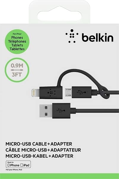 Belkin 3 Feet Micro USB Cable with Lightning Connector Adapter   Retail Packaging   Black