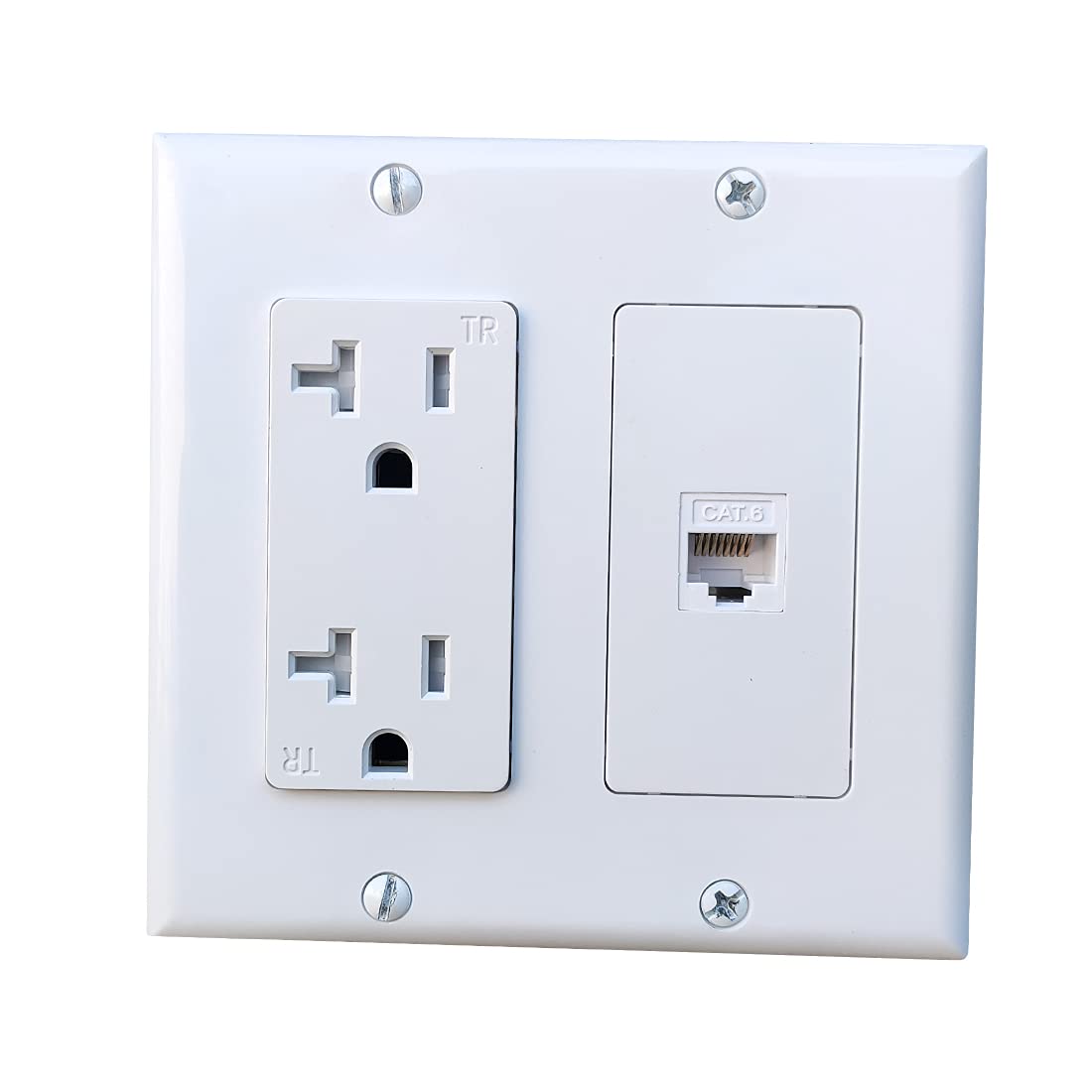 Boplat 2 Gang Power Outlet With 1 Cat6 Ethernet Port   20A Electrical Outlet Cover Plate With 1 Cat6 Rj45 Keystone Jack   White