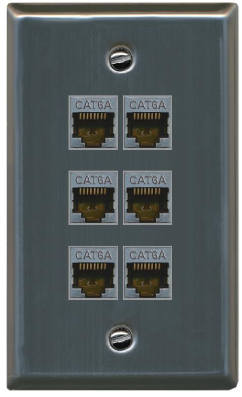 Riteav   (1 Gang Flat) 6 Port Cat6A Ethernet Shielded Wall Plate   Flat [Stainless Steel]