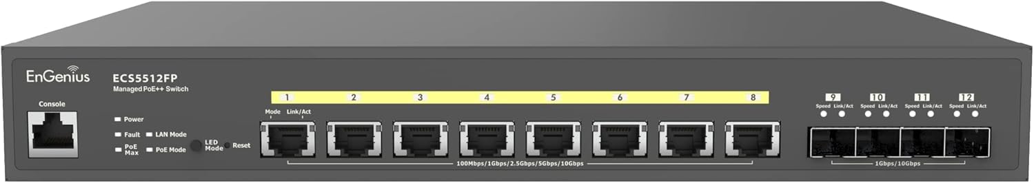 EnGenius Cloud 10 Gigabit ECS5512FP 8-Port PoE++ Switch with 420W Budget, 4 SFP+ Uplink Ports