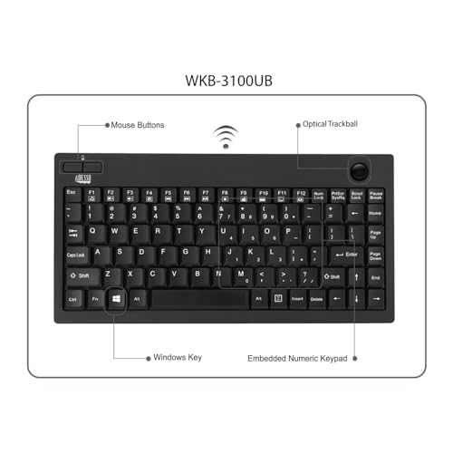 Adesso Wkb 3100Ub Wireless Mini Trackball Keyboard   Compact 87 Key Layout, Built In 800 Dpi Optical Trackball, 24Ghz Rf Wireles