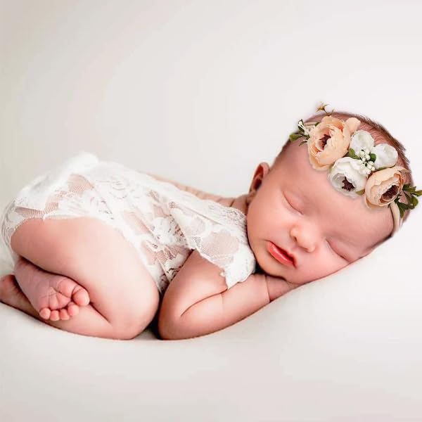 Spokki Newborn Baby Cute Lace Rompers Photography Props With Flower Headband Vest Floral Classic Outfits For Girl Princess Twins Birthday Party