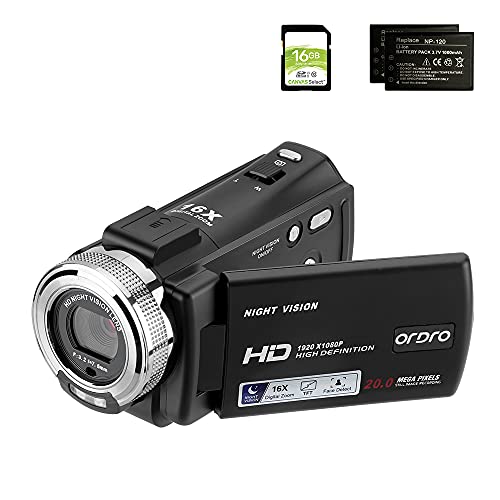 Ordro Camcorders Hdv V12 Hd 1080P Video Camera Recorder Infrared Night Vision Camera Camcorders With 16G Sd Card And 2 Batteries