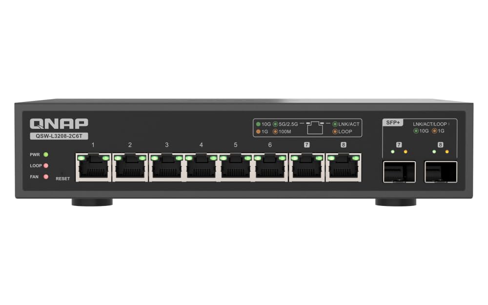 QNAP 8-Port Multi-Gig 10GbE Lite-Managed Network Switch (QSW-L3208-2C6T-US) - 6   10/5/2.5/1G RJ-45, 2   SFP+/RJ-45 Combo
