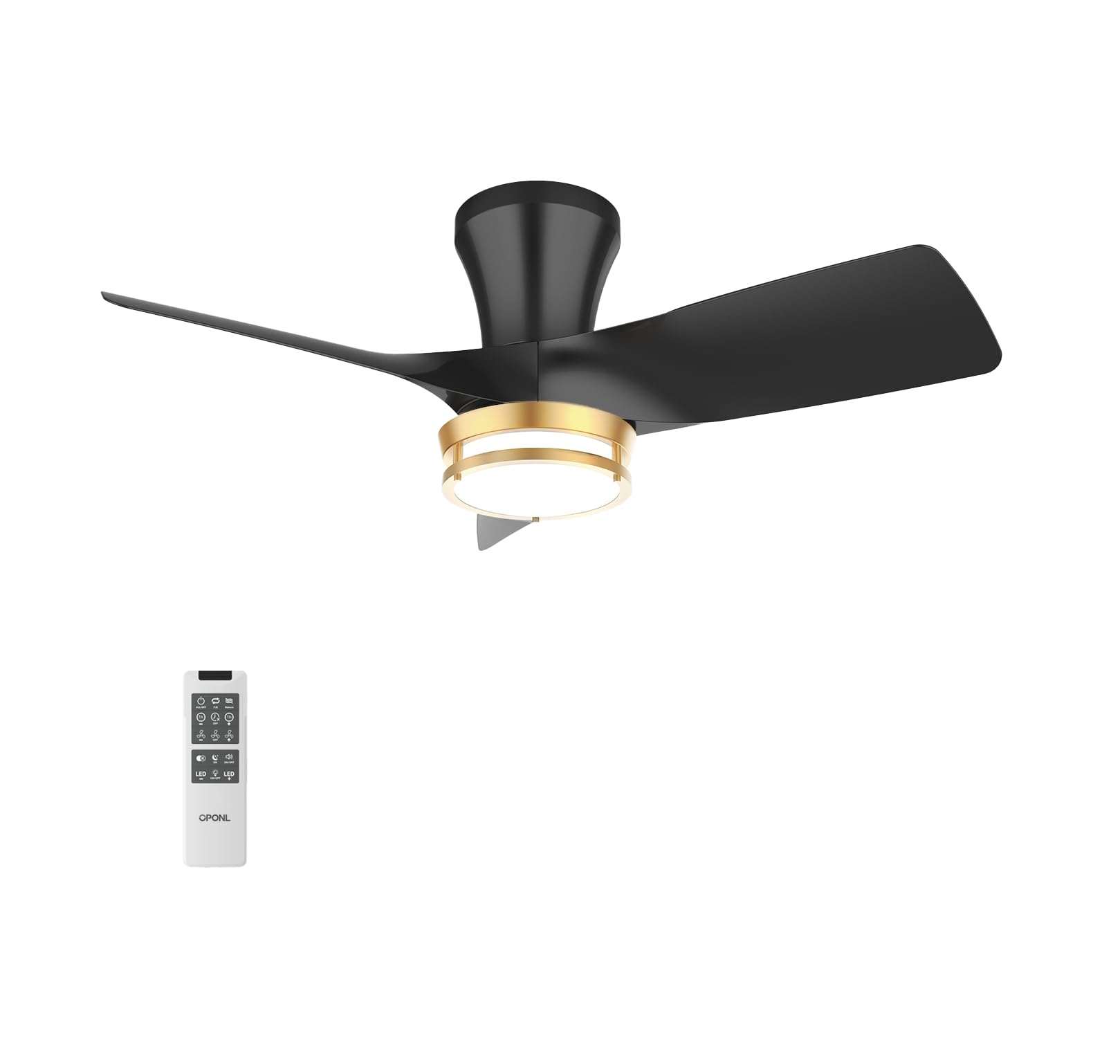 OPONL 30 Black low profile Ceiling Fan with Light, with Gold Trim Ring, RLarge Air Volume, flush mount ceiling fan for Bedroom K