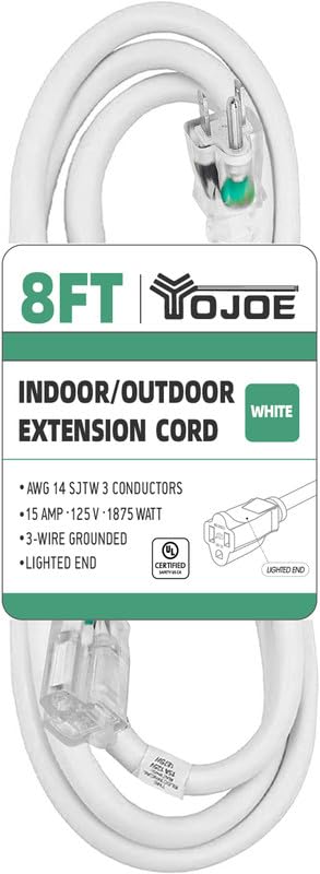 Yojoe Indoor Outdoor Extension Cord With Lighted End, 3 Prong 15A Weatherproof Power Extension Cord, 14 Gauge Heavy Duty 8 Ft Wh