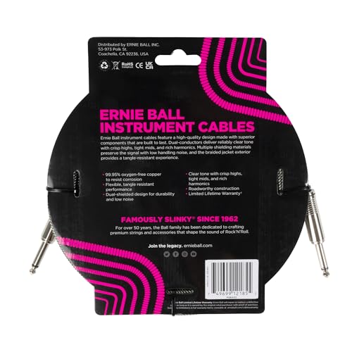 Ernie Ball Instrument Cable, 1/4'' Straight, Silver Fox, 18Ft (P06433)