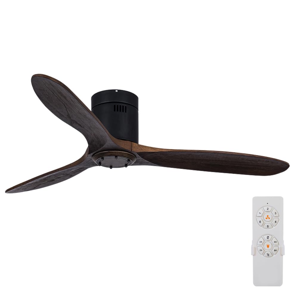 Neatfi 60 Ceiling Fan No Light - 3 Solid Wood Blades, Quiet DC Motor | 6-Speed Modern Flush Mount Low Profile Ceiling Fan with R