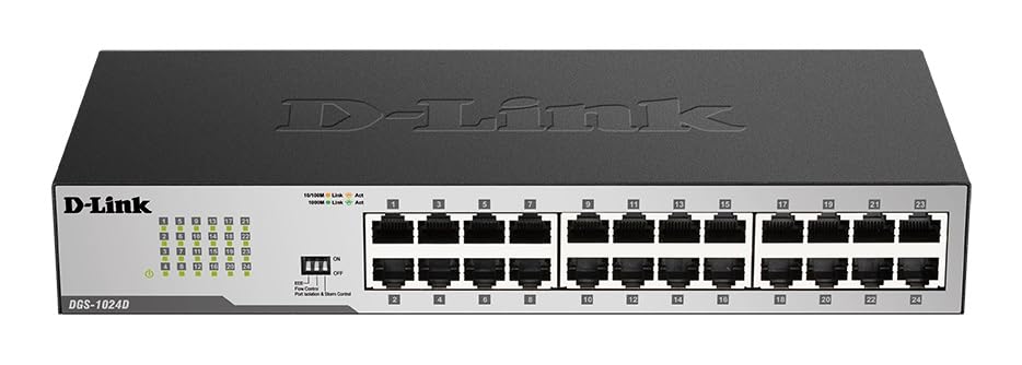 D Link Ethernet Switch, 24 Port Gigabit Unmanaged Fanless Network Hub Desktop Or Rack Mountable (Dgs 1024D), Black