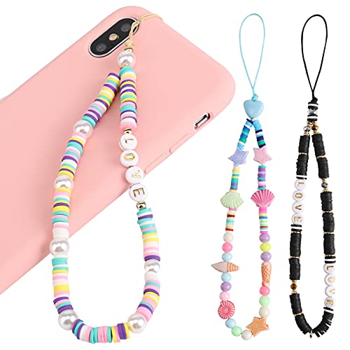 Toovren Cell Phone Charm 3Pcs, Universal Mobile Phone Lanyard Cute Kawaii Rainbow Color Girly Style Soft Ceramic Pearl Seashells