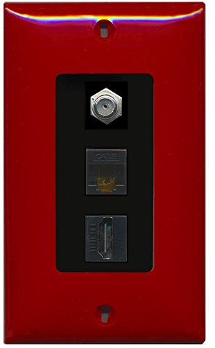 Riteav Decorative 1 Gang Wall Plate (Red/Black) 3 Port   Coax (Black) Cat6 (Black) Hdmi (Black)