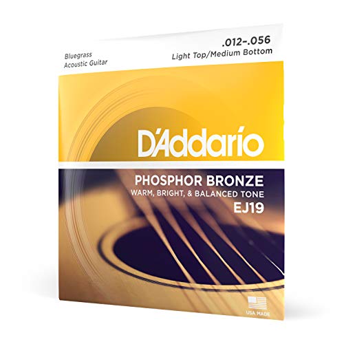 Daddario Acoustic Guitar Strings, Phosphor Bronze, Ej19, Light Top/Medium Bottom Gauge Bluegrass 12-56, 6-String Set, Pack Of 1