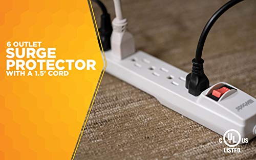 Woods 41345 Surge Protector With Overload Safety Feature And 6 Outlets For 280J Of Protection, 1.5 Ft Cord Foot, White