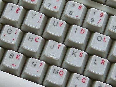 French Bepo Keyboard Decals With Red Lettering Transparent Background For Desktop, Laptop And Notebook